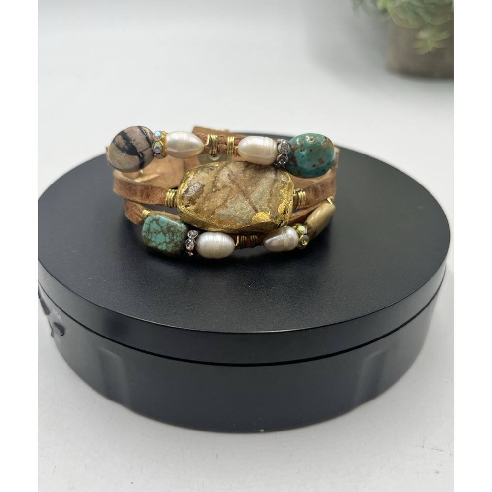 Suzy‎ T Designs Stone Turquoise Jasper Freshwater Pearls Leather Snap Bracelet